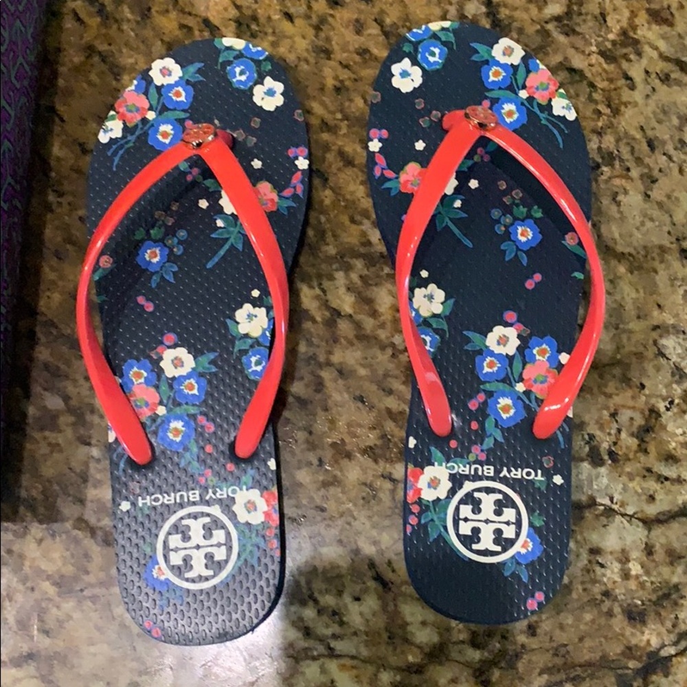Tory Burch red/pansy bouquet flip flop